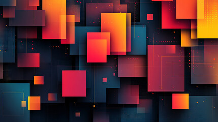 A trendy poster design with overlapping square shapes, each containing a different vibrant gradient or abstract symbol