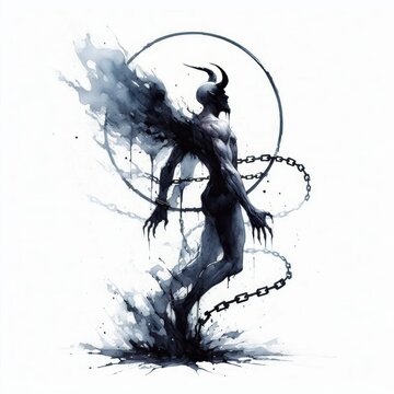 Watercolor depiction of chained devil banished to abyss, minimalist form