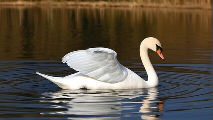 Fototapeta premium A majestic white swan gracefully floats on calm water, its elegant neck and wings spread, creating gentle ripples.