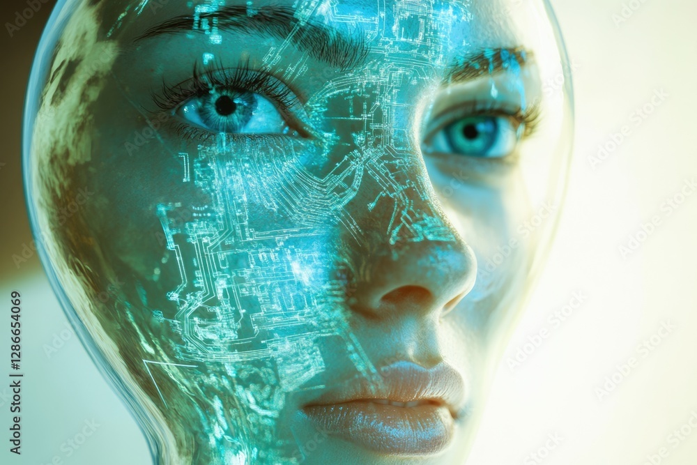 Poster a woman's face, seemingly merging with digital circuitry, represents artificial intelligence and tec