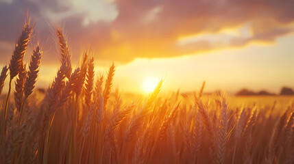 Golden Hour Wheat Field: Capturing the serene beauty of a wheat field bathed in the golden light of sunset, the image evokes feelings of warmth, abundance, and tranquility.