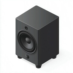 Obraz premium A modern black speaker featuring a subwoofer and a tweeter, designed for high-quality sound. It includes a volume control knob and stands on four small feet, perfect for any audio setup.