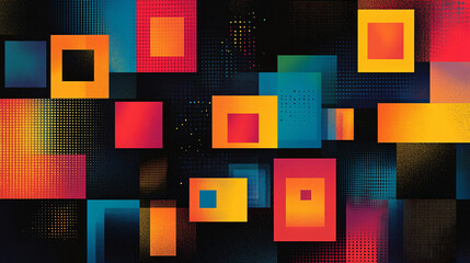 A trendy poster design with overlapping square shapes, each containing a different vibrant gradient or abstract symbol