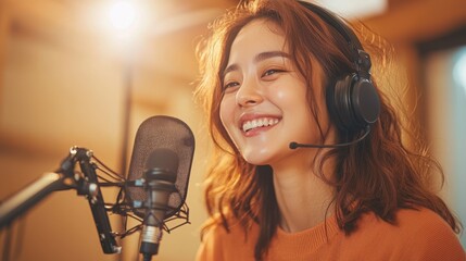 Korean Woman Broadcasting Live at Radio Station, Smiling woman in headphones recording in a studio setting.