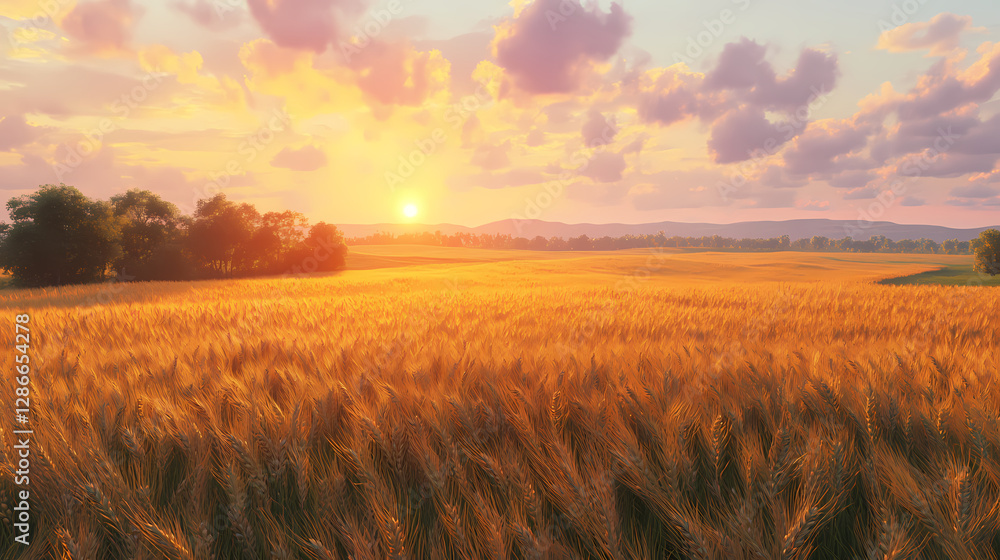 Poster golden fields at sunset: captivating view of vast golden fields gently swaying in the breeze as the 