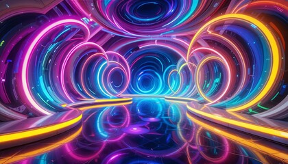 Fototapeta premium Dynamic neon tunnel futuristic space digital art virtual environment wide angle connectivity