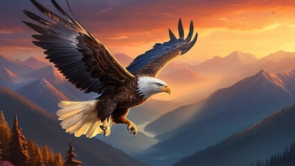 A majestic bald eagle soars over a mountain range at sunset, casting a shadow over a forested valley.