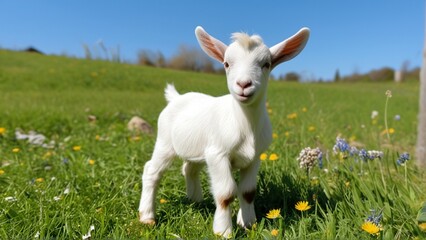 Obraz premium A cute white goat stands in a lush green field, surrounded by colorful flowers and a bright blue sky.