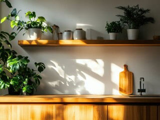 Stylish kitchen with wooden facades and green plants, morning atmosphere, sunny rays. 