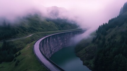 Stunning Aerial View of a Circular Dam Surrounded by Misty Mountains and Lush Greenery