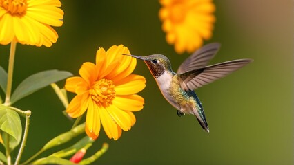 Fototapeta premium A hummingbird hovers near vibrant orange flowers, delicately sipping nectar.