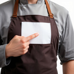 Chef pointing at blank pocket on apron mockup ready for customization