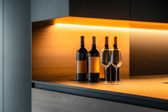 The automatic wine rack is a modern bar with a smart wine shelf that regulates the storage temperature. Soft evening light, warm shades. 