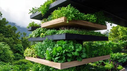 Vertical garden thrives on hillside, lush greenery backdrop