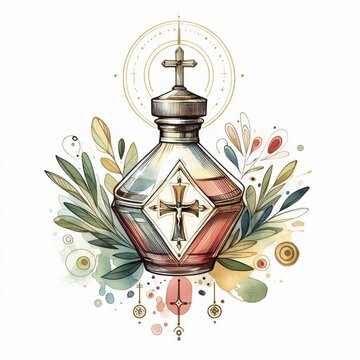 Watercolor illustration of sacred chrism oil for anointing ceremony