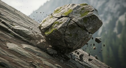 Massive boulder descends a steep slope in cinematic clarity for VFX integration