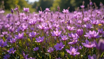 Obraz premium Blooming purple flowers garden nature scene daylight frontal view serenity
