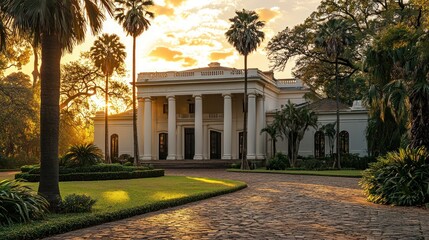 Obraz premium Elegant White Mansion with Columns and Palm Trees at Sunset