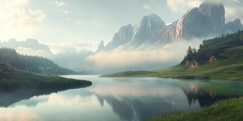 Naklejka premium Dolomite rock landscape on a foggy day and mountain landscape background. Ai generate.