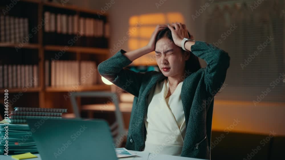 Poster exhausted manager experiencing migraine, working overtime on laptop, surrounded by stacks of documen