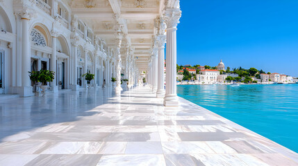 Fototapeta premium White marble colonnade of a grand palace terrace overlooks the calm turquoise sea under a clear blue sky.