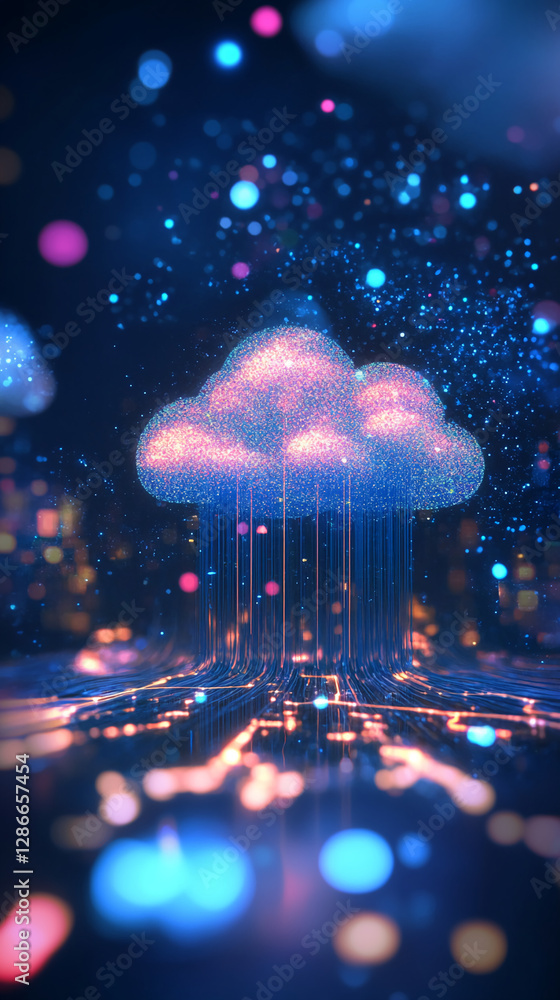 Poster abstract digital cloud made of glowing particles, symbolizing data transfer, cloud computing, and di