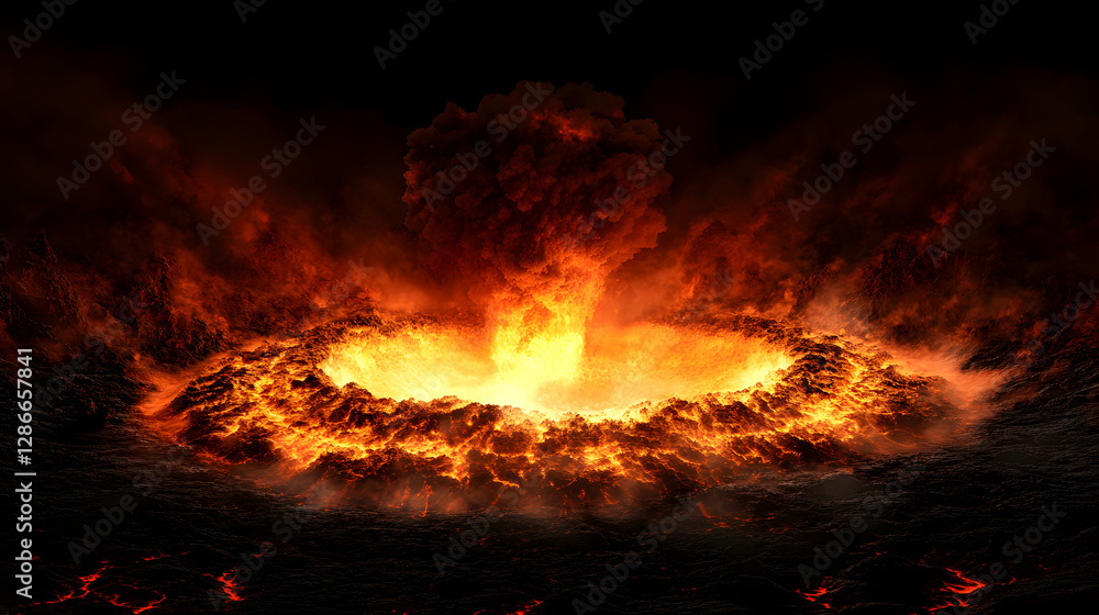 Poster large explosion of lava creating an abstract depiction of volcanic activity and molten rock in a dyn