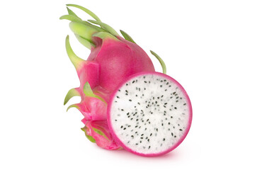 Dragon fruits or pitahayas on isolated white background. Whole and half.