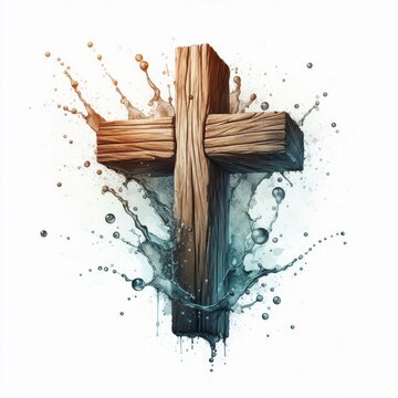 Wooden cross in baptismal water splash with suspended droplets and gradient backdrop