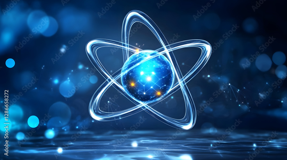 Aufkleber conceptual abstract representation of a blue atom with a glowing blue background and explosion effec