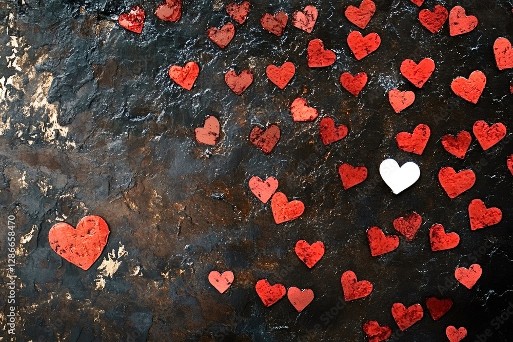 Poster many small red and one white heart shapes are lying on a dark textured surface, creating a romantic 