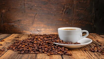 원목 테이블 위에 커피잔과 주변에 원두들이 흩어져 있는 장면