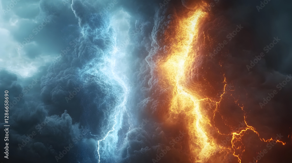 Poster lightning storm in the sky over fields with abstract conceptual elements and dramatic cloud patterns