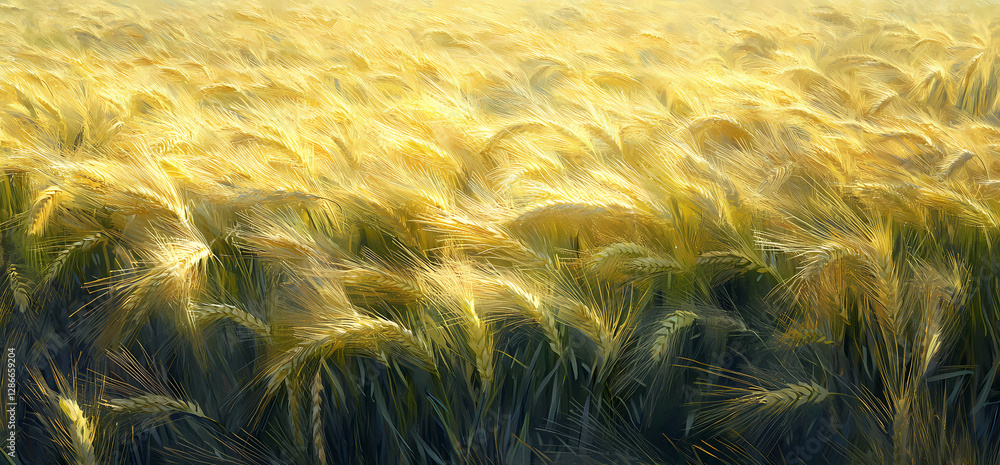 Poster golden wheat field at dusk: a captivating view of a vast wheat field gently swaying in the breeze, b