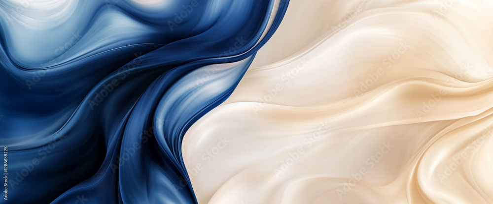 Poster abstract flowing fabric in deep blue and soft cream colors, symbolizing elegance, movement, and flui
