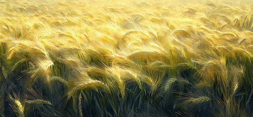 Golden Wheat Field at Dusk: A captivating view of a vast wheat field gently swaying in the breeze, bathed in the warm golden light of a setting sun, creating a serene and picturesque landscape.