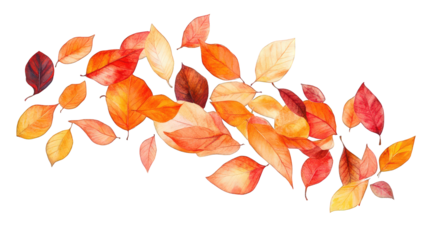 Autumn leaves gently floating in the air, rich hues of orange, red, and yellow, isolated on a white background. --ar 16:9