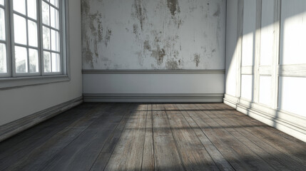White wall, wooden floor and baseboard with aged surface, realistic vector illustration. Vintage wall and floor made of darkened wood, realistic plank texture. Empty room interior background