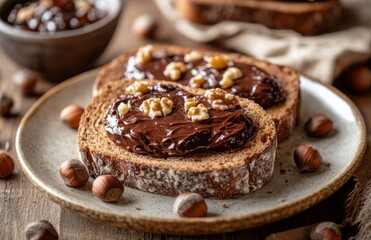 Rustic French bread slices with nuts and chocolate spread on ceramic plate