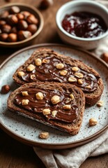 Rustic French bread slices with nuts and chocolate spread on ceramic plate