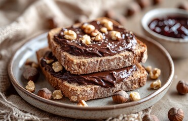 Rustic French bread slices with nuts and chocolate spread on ceramic plate