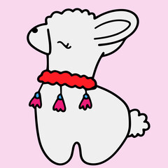 White llama with ethnic decorations, children's doodle illustration with llama on pink background, character