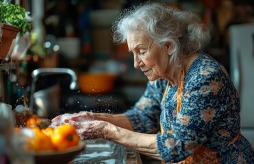 Elderly woman washing hands in kitchen, home hygiene concept