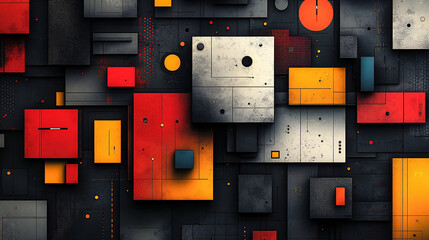 Colorful geometric poster with square shapes, each filled with unique symbols, gradients, and artistic textures