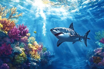 Sunbeams streaming through the water illuminate a great white shark gliding gracefully near a vibrant coral reef, creating an enchanting and serene underwater scene filled with marine life