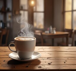 Obraz premium Warmth emanates from a steaming cup of coffee on a wooden table, cup, wood, steam