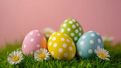 Colorful Easter eggs with polka dots and flowers on grass against a pink background. Banner, with copy space. Pastel-colored Easter eggs on a green meadow, a spring holiday decoration.