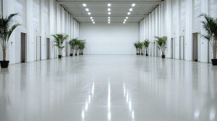Fototapeta premium Empty modern white hall with potted palm trees and bright overhead lights reflecting on the polished floor.