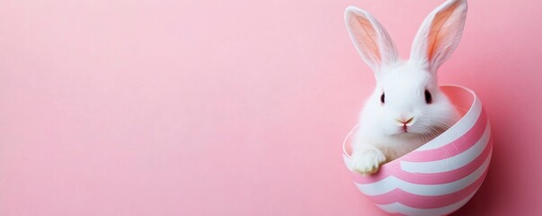 Cute White Easter bunny inside on Easter-striped egg on a pink background with copy space, an Easter concept.