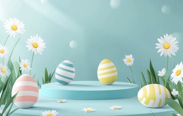 Easter-themed background with a podium and striped eggs, decorated with daisies. A podium for product presentation and Happy Easter Festival Concept, April 2025..